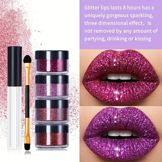 4Color Glitter Lip Kit-Long-Lasting Glitter Lipstick with Base and Brush,Multi-Use Lips,Face,Body,Eye,Hair-Adults,All Skin Types