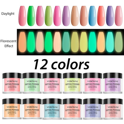 12 Colors Luminous Effect Dip Nail Powder Neon Nail Art Powder Dipping Powder System For DIY Home Salon 3D Manicure Extension