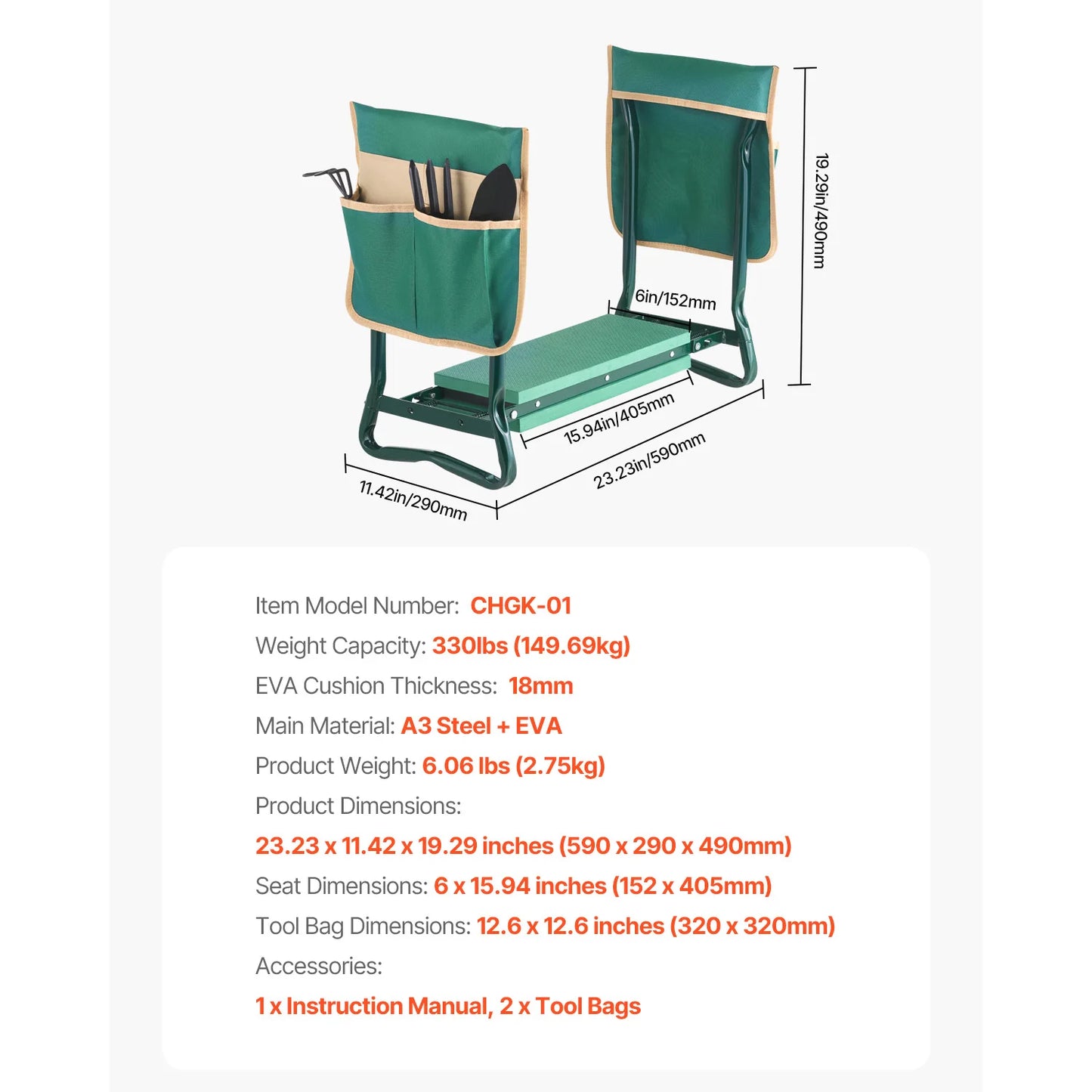 Garden Kneeler and Seat 6 inch Wide Kneeling Pad Heavy Duty Garden Kneeling Stool Folding Garden Seat with 2 Tool Bags