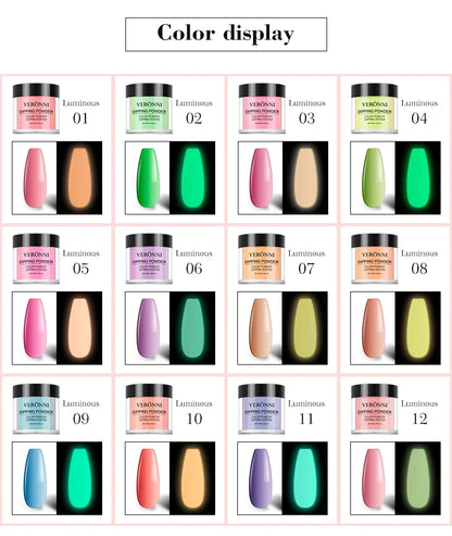12 Colors Luminous Effect Dip Nail Powder Neon Nail Art Powder Dipping Powder System For DIY Home Salon 3D Manicure Extension