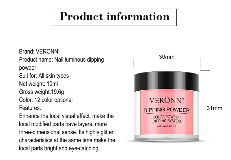 12 Colors Luminous Effect Dip Nail Powder Neon Nail Art Powder Dipping Powder System For DIY Home Salon 3D Manicure Extension