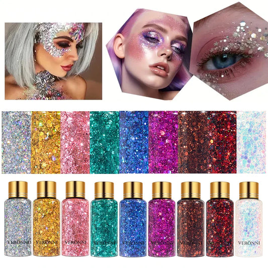 Gel Liquid Glitter Eyeshadow Lip Body Long Lasting Glitter Gel for Hair,Face and Body Makeup, Party, Music Festival