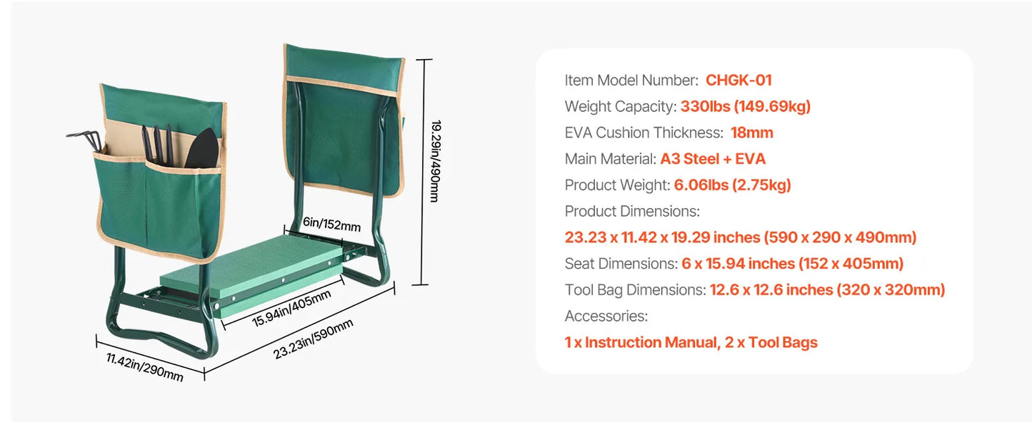 Garden Kneeler and Seat 6 inch Wide Kneeling Pad Heavy Duty Garden Kneeling Stool Folding Garden Seat with 2 Tool Bags