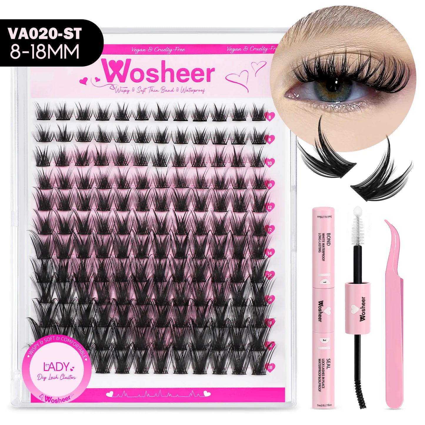 WOSHEER Lash Clusters Manga Lash Clusters Kit Clear Fairy Eyelash Clusters Wet-Look Spiky Anime Lashes Individual Lashes