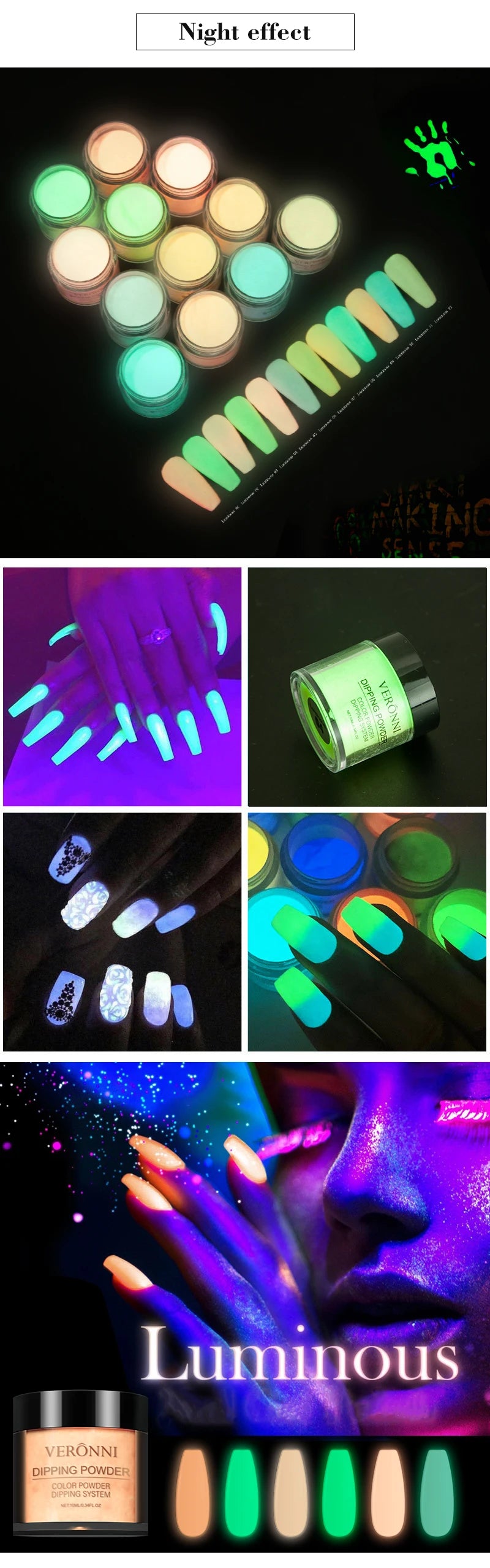 12 Colors Luminous Effect Dip Nail Powder Neon Nail Art Powder Dipping Powder System For DIY Home Salon 3D Manicure Extension