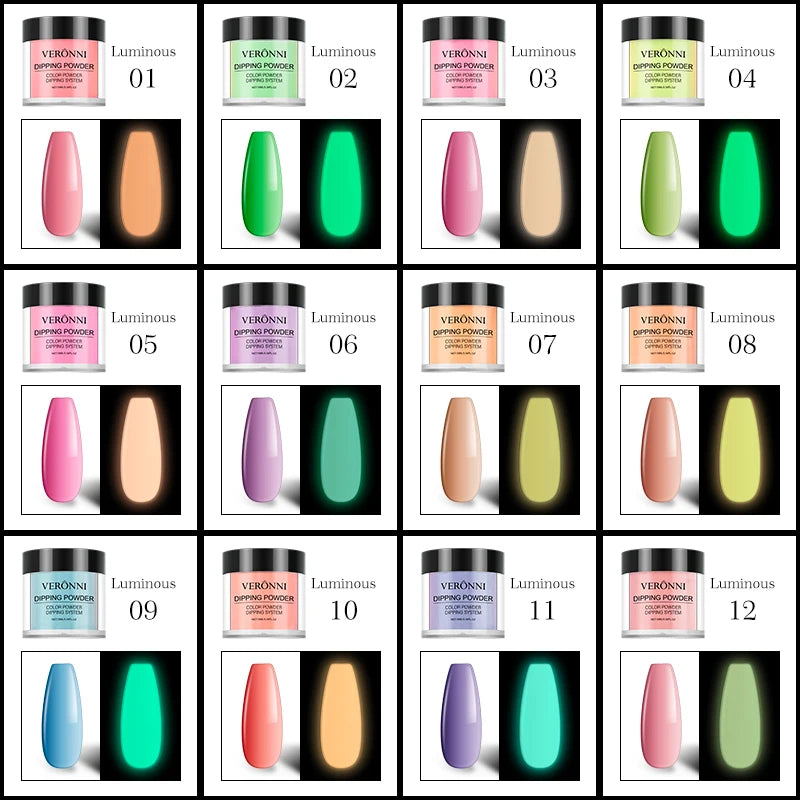12 Colors Luminous Effect Dip Nail Powder Neon Nail Art Powder Dipping Powder System For DIY Home Salon 3D Manicure Extension