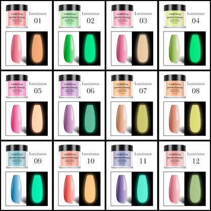 12 Colors Luminous Effect Dip Nail Powder Neon Nail Art Powder Dipping Powder System For DIY Home Salon 3D Manicure Extension